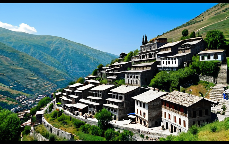 Gjirokastra - Stone City**
"A panoramic view of Gjirokastra, Albania, showcasing the traditional stone houses ('kule') climbing the mountain slopes, fully clothed, appropriate attire, safe for work, perfect anatomy, correct proportions, professional photography, daytime, clear sky, showcasing the architectural details of the houses, modest clothing."
**