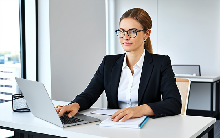 Businesswoman in a Modern Office**
A professional businesswoman in a modest business suit, sitting at a desk in a modern office, fully clothed, appropriate attire, safe for work, perfect anatomy, natural proportions, professional photography, high quality, bright and clean setting.
**