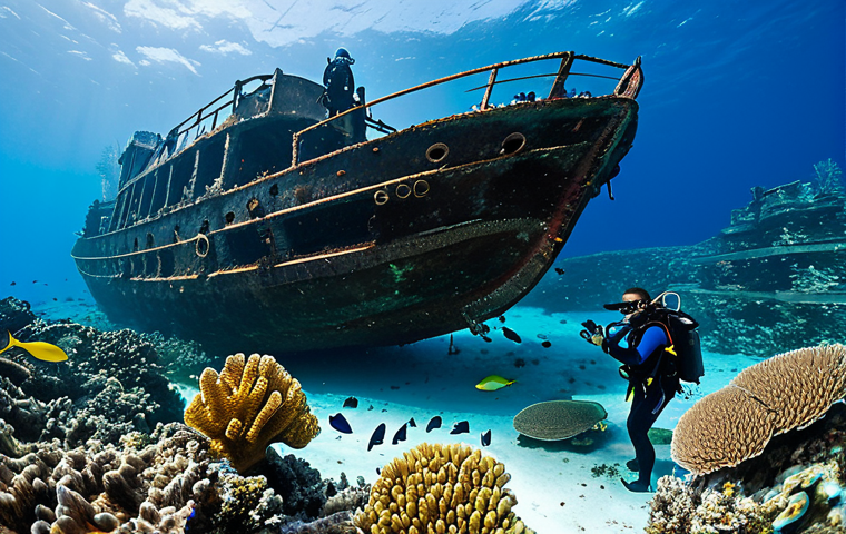 몰디브 스쿠버다이빙 명소 - Shipwreck Exploration**
"A group of scuba divers exploring the British Loyalty shipwreck in the Mal...
