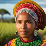 마다가스카르 전통 춤과 음악 - **Valiha Virtuoso in a Serene Setting:**
    "A captivating close-up portrait of a Malagasy musician...