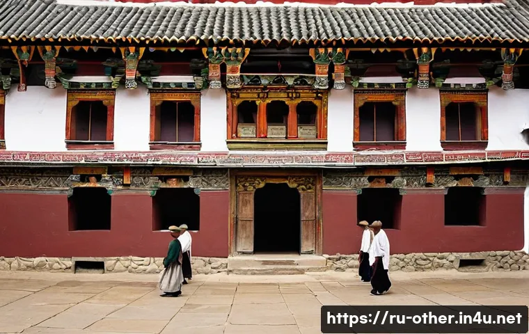 부탄 불교 사찰 방문 에티켓 - **A Serene Entry into a Bhutanese Dzong:** A diverse group of travelers, comprising men and women of...