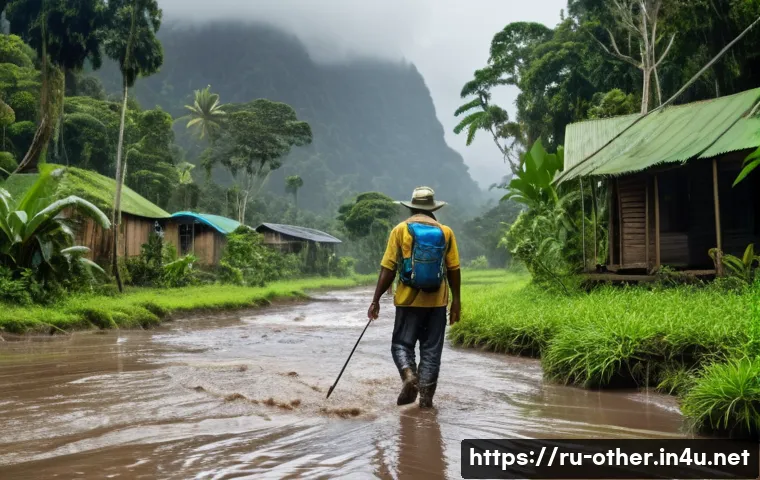 파푸아뉴기니 위험 지역 및 여행 주의점 - A rugged and remote Papua New Guinea jungle scene during the rainy season, featuring muddy, slippery...