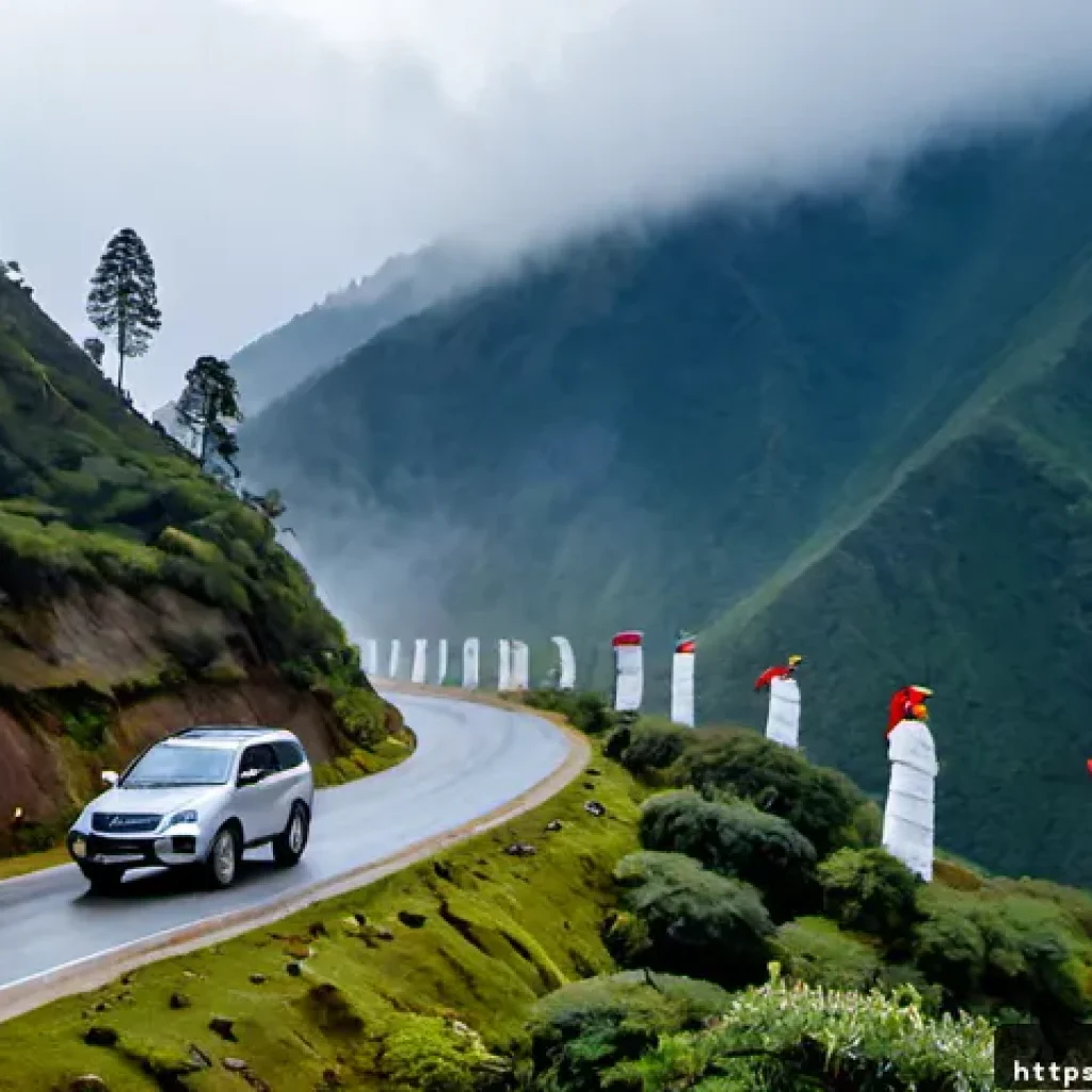 부탄 로드트립 루트 추천 - Photorealistic Bhutan road trip through the Dochu La mountain pass, a compact Russian family SUV dri...