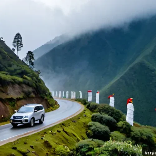 부탄 로드트립 루트 추천 - Photorealistic Bhutan road trip through the Dochu La mountain pass, a compact Russian family SUV dri...