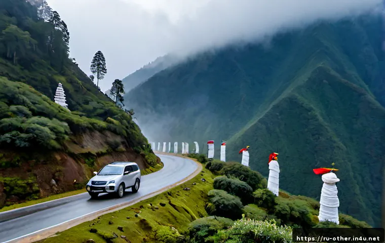 부탄 로드트립 루트 추천 - Photorealistic Bhutan road trip through the Dochu La mountain pass, a compact Russian family SUV dri...