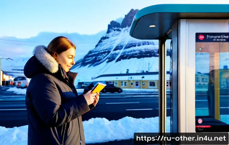 Home 17 아이슬란드 대중교통 이용법 - Photorealistic winter morning at a modern Reykjavik bus stop, a Russian-speaking adult traveler in a...