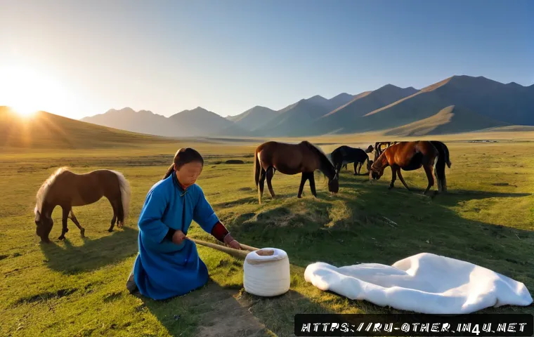 Home 17 몽골 유목민 생활 체험 프로그램 - Photorealistic Mongolian nomadic family experience on an open steppe, a visitor in practical outdoor...